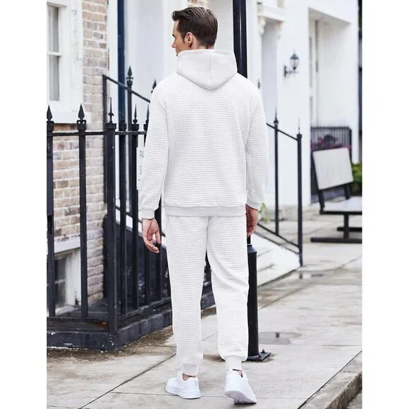 Men's 2 Piece Hoodie Sweatsuit Sets Jogging Suits Waffle Plaid Jacquard Outfits